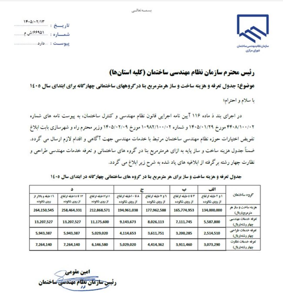 تعرفه نظام مهندسی در سال ۱۴۰۵