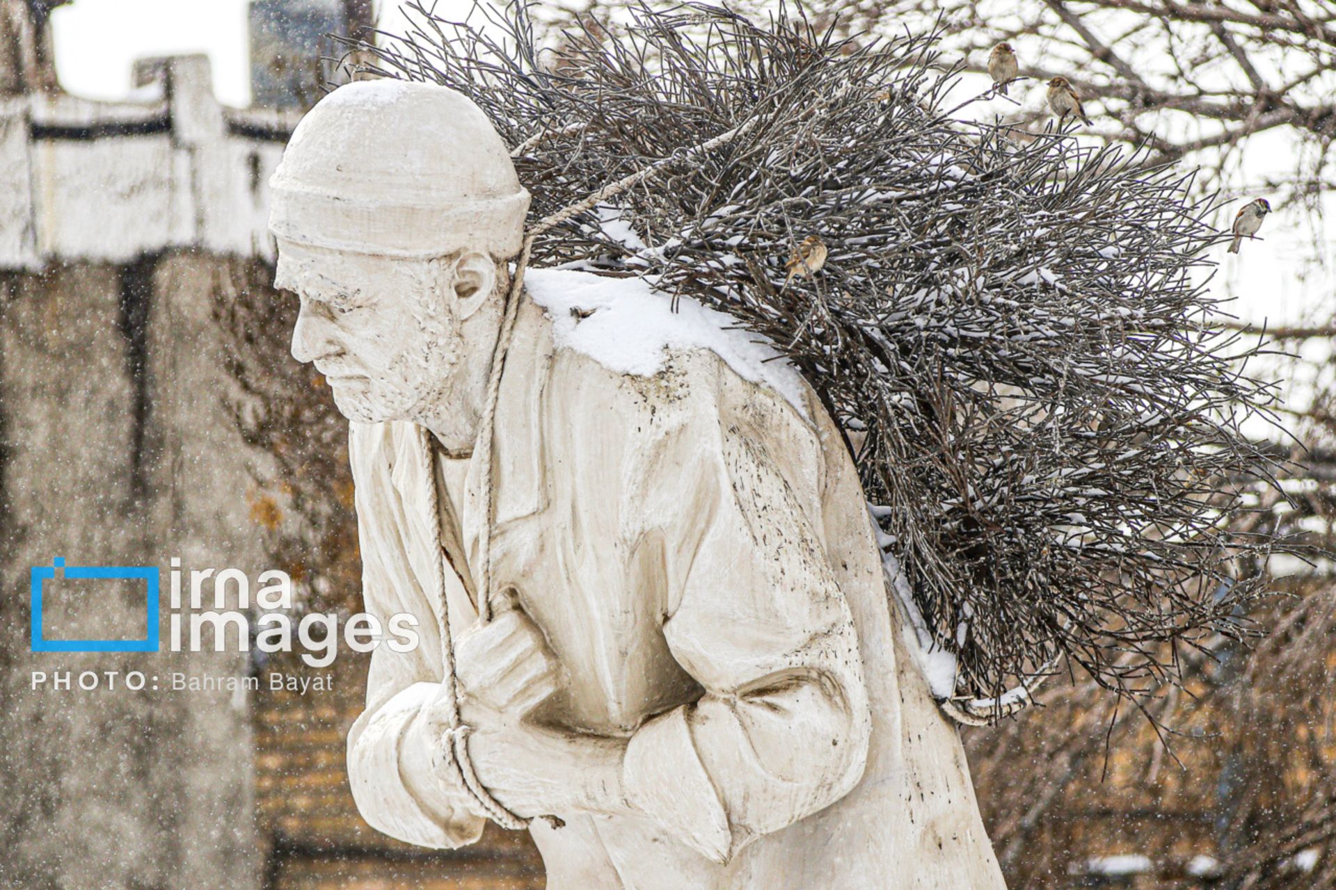 مجسمه‌ای نمادین از یک مرد سالخورده خار بر پشت در یک روزی برفی