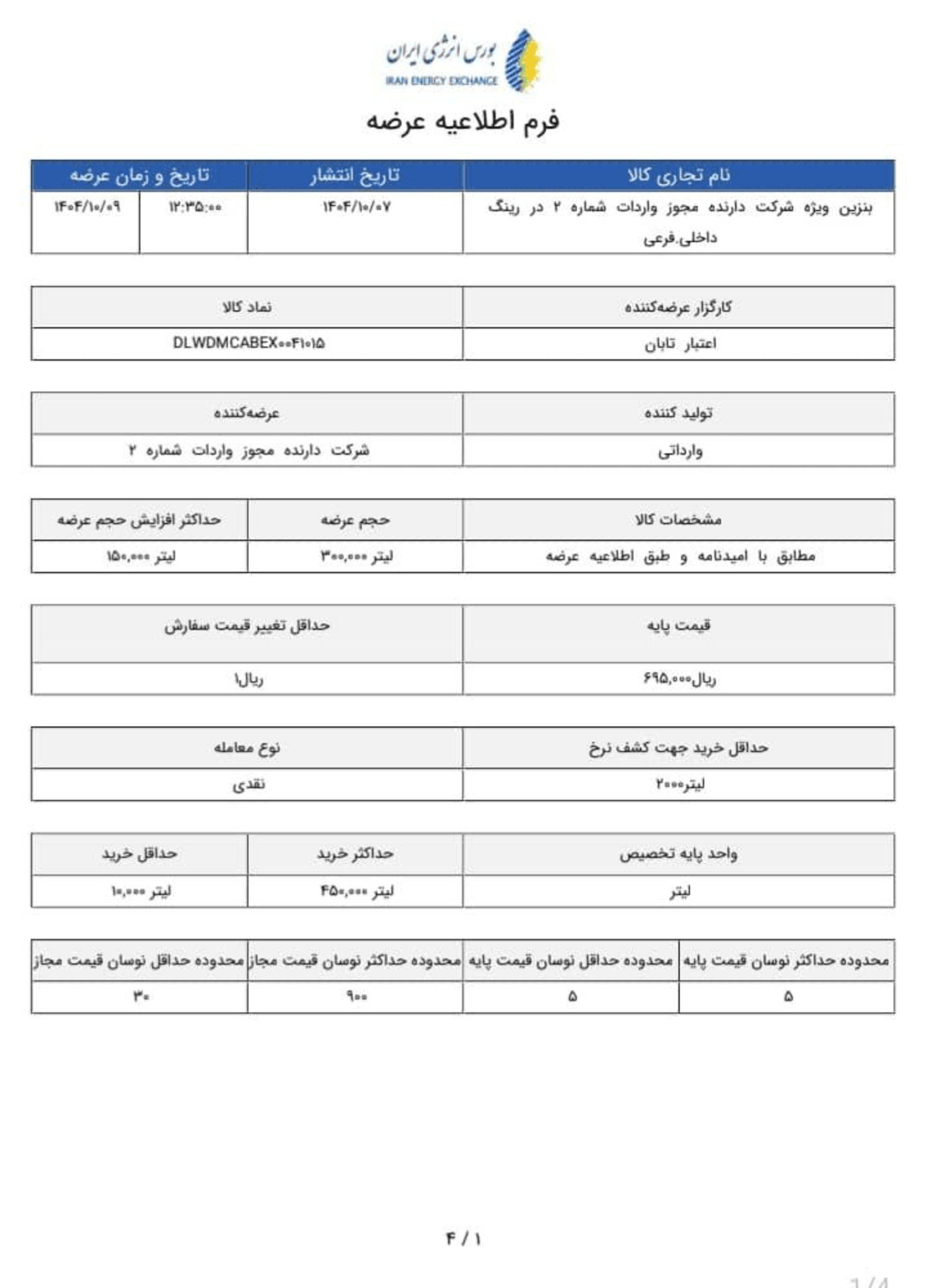 فرم اطلاعیه جدید عرضه سوپر در بورس انرژی