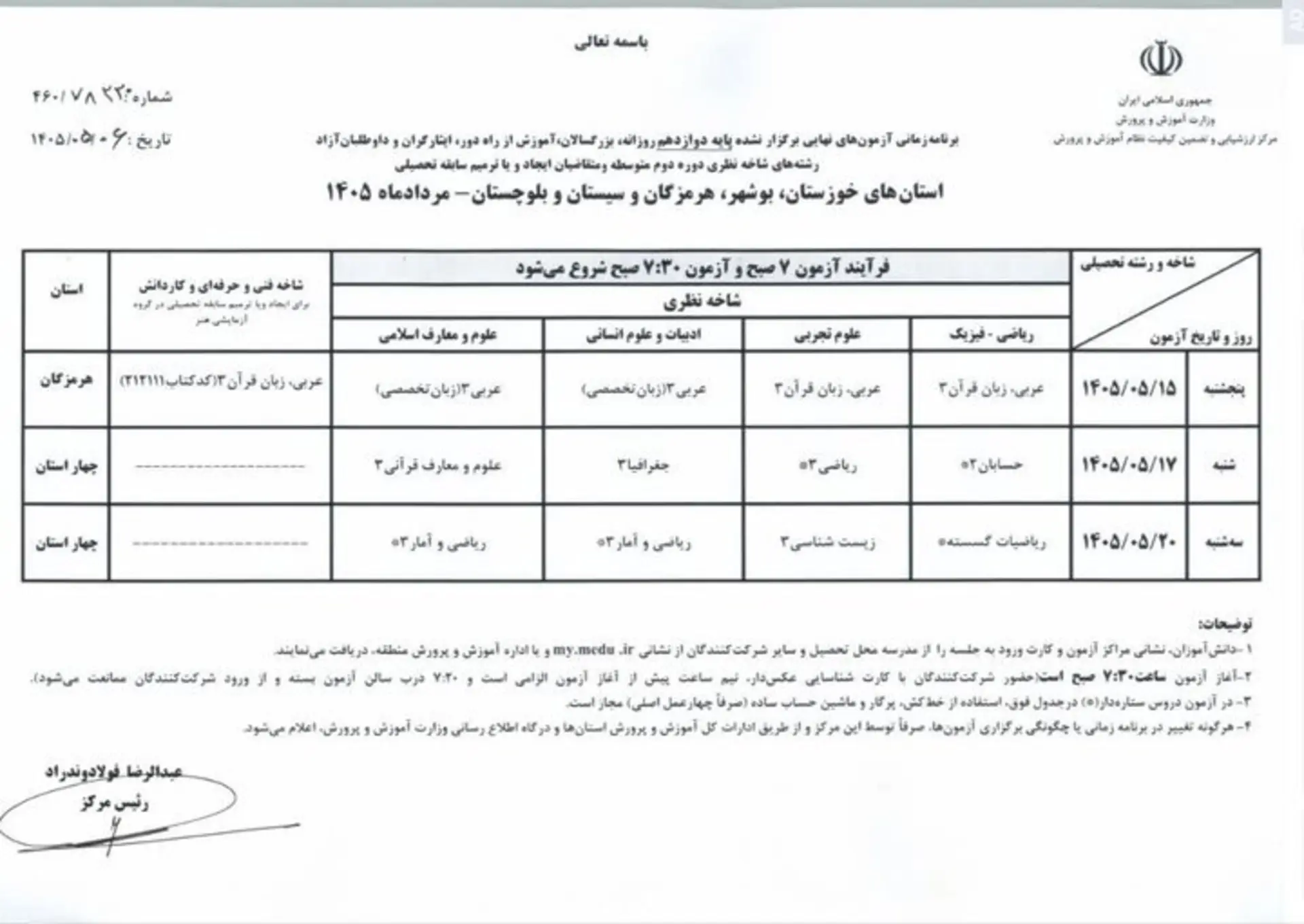 برنامه امتحانات نهایی پایه دوازدهم در 4 استان جنوبی