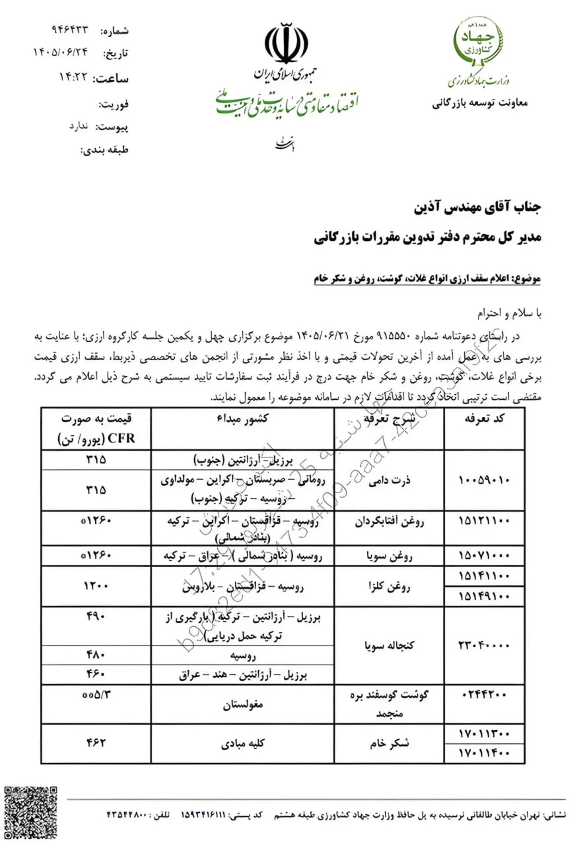 سقف ارزی واردات غلات، روغن، گوشت و شکر خام