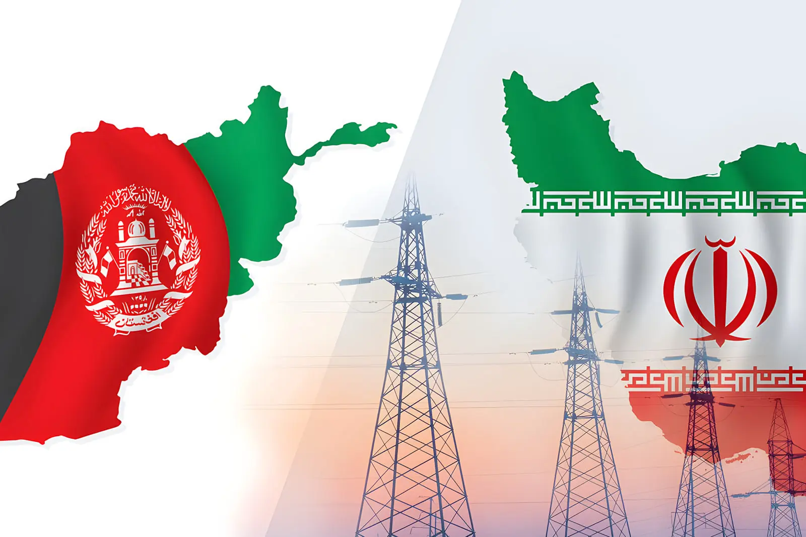 نقشه افغانستان و ایران با پرچم‌ها و دکل‌های انتقال برق