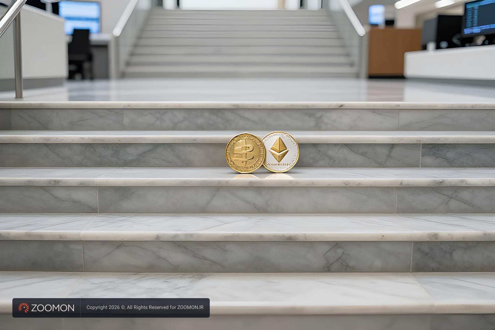 سکه های بیت‌کوین (Bitcoin) و اتریوم (Ethereum) روی پله های مرمر
