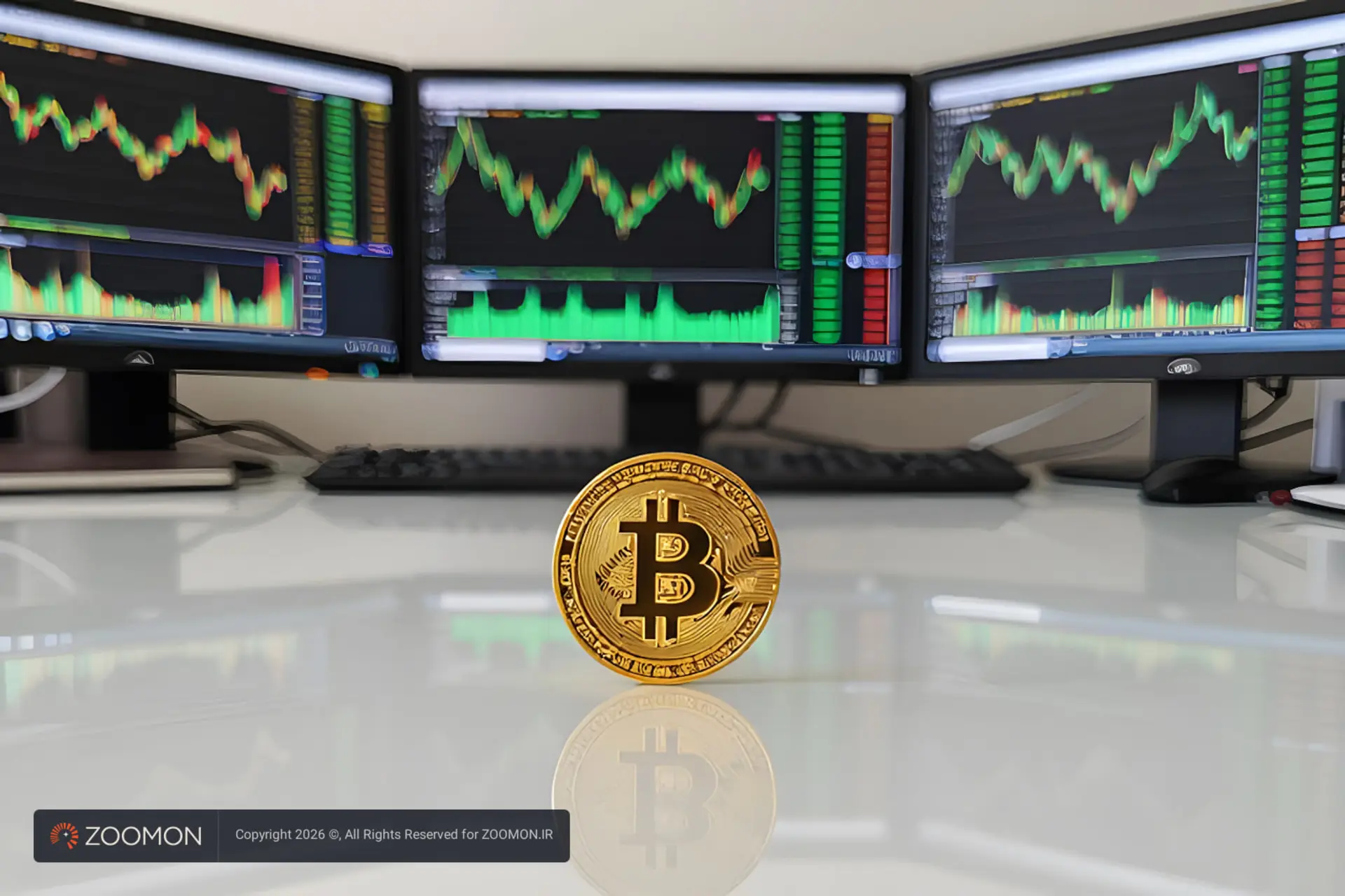 سکه طلایی بیت‌کوین (Bitcoin) روی میز در مقابل نمایشگرهای تحلیل بازار
