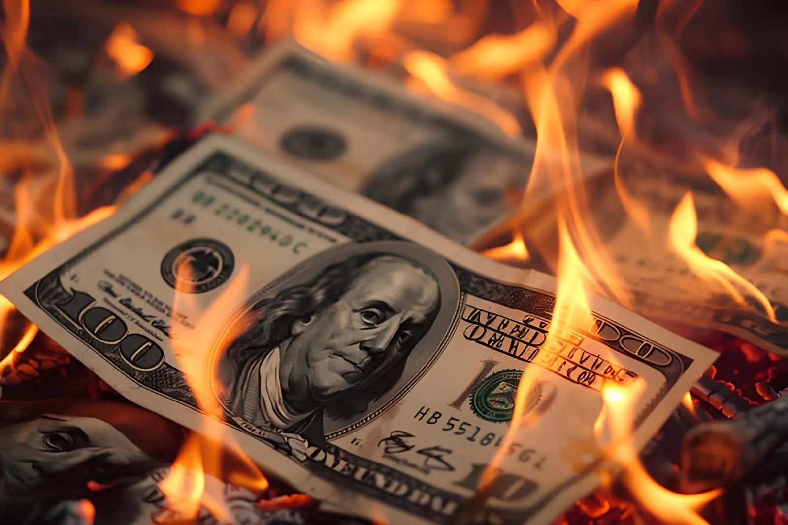 اسکناس‌های صد دلاری (US Dollar) در میان شعله‌های آتش در حال سوختن