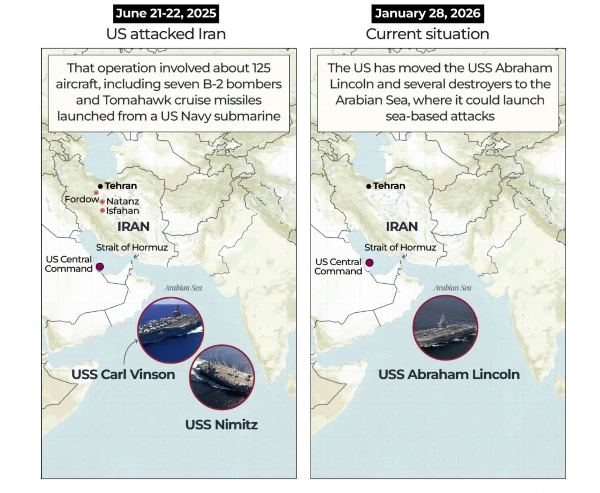 مقایشه نقشه استقرار نظامیان امریکا در بهمن و خرداد 1404