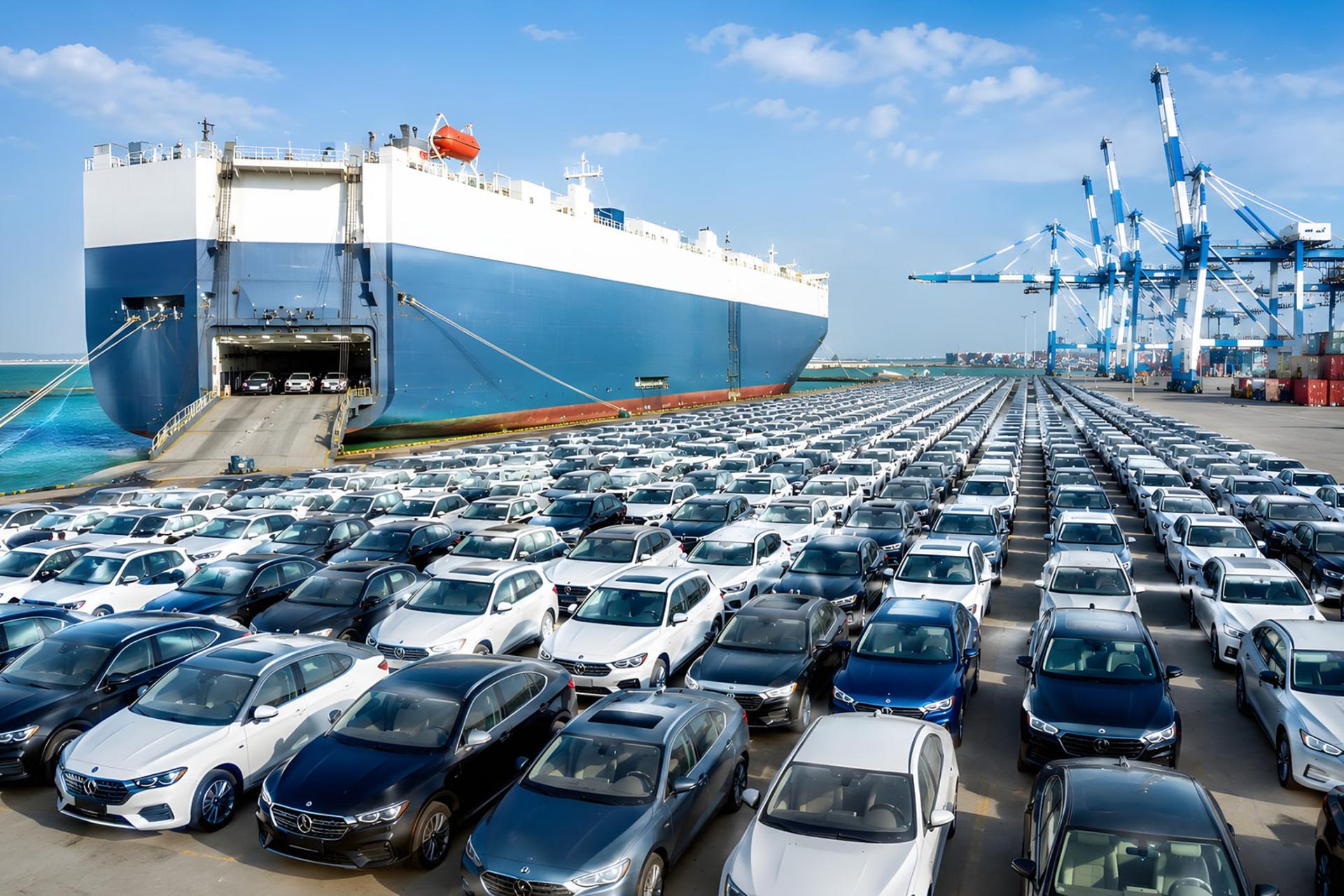 کشتی حمل خودرو (Car Carrier) در کنار پارکینگ بزرگ خودروهای جدید در بندر