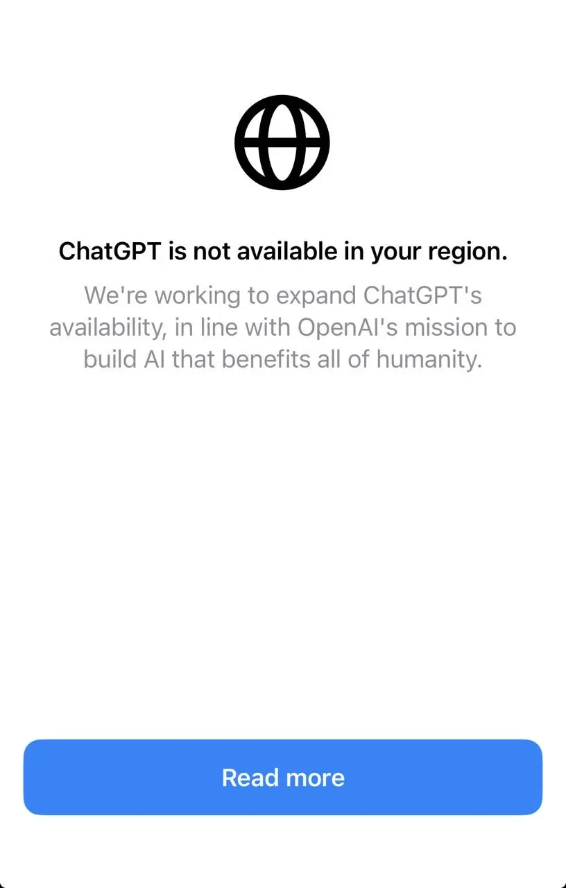 پیام خطای عدم دسترسی به ChatGPT (OpenAI) در یک منطقه جغرافیایی خاص