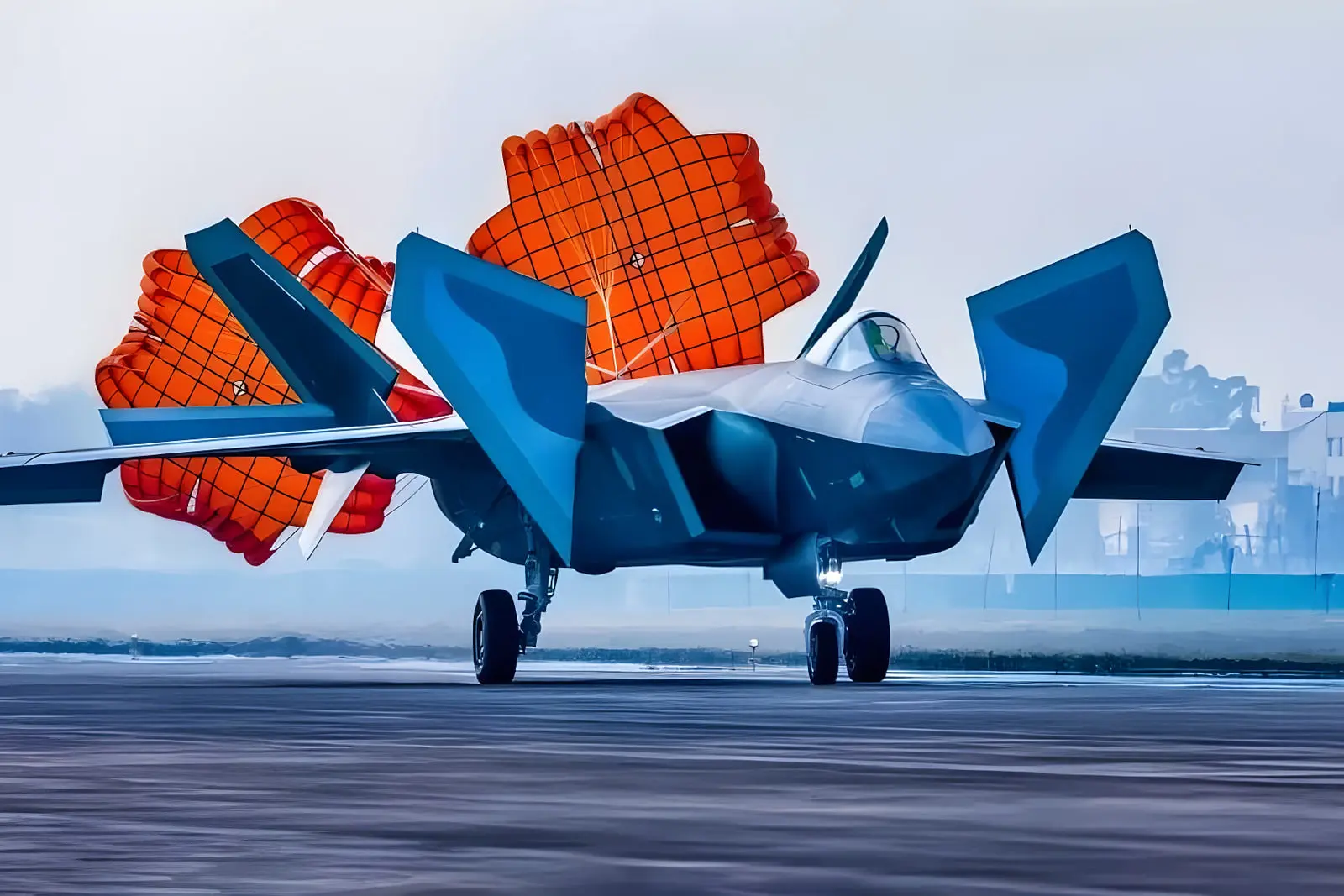 جنگنده چنگدو J-20 (Chengdu J-20) با چترهای بازکننده نارنجی روی باند فرود