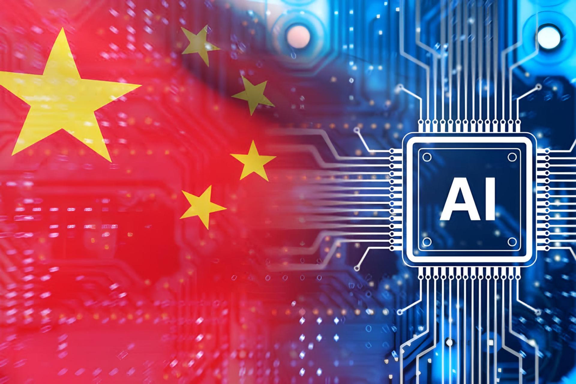 تراشه هوش مصنوعی (AI) در کنار پرچم چین (China) روی برد الکترونیکی