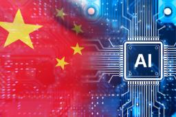 تراشه هوش مصنوعی (AI) در کنار پرچم چین (China) روی برد الکترونیکی