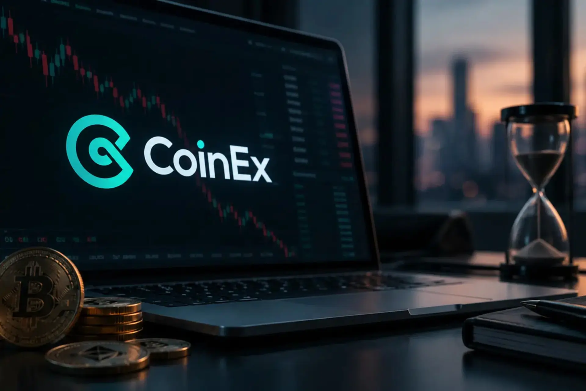 نمایش لوگوی صرافی کوینکس (CoinEx) روی صفحه لپ‌تاپ در کنار سکه‌های بیت‌کوین
