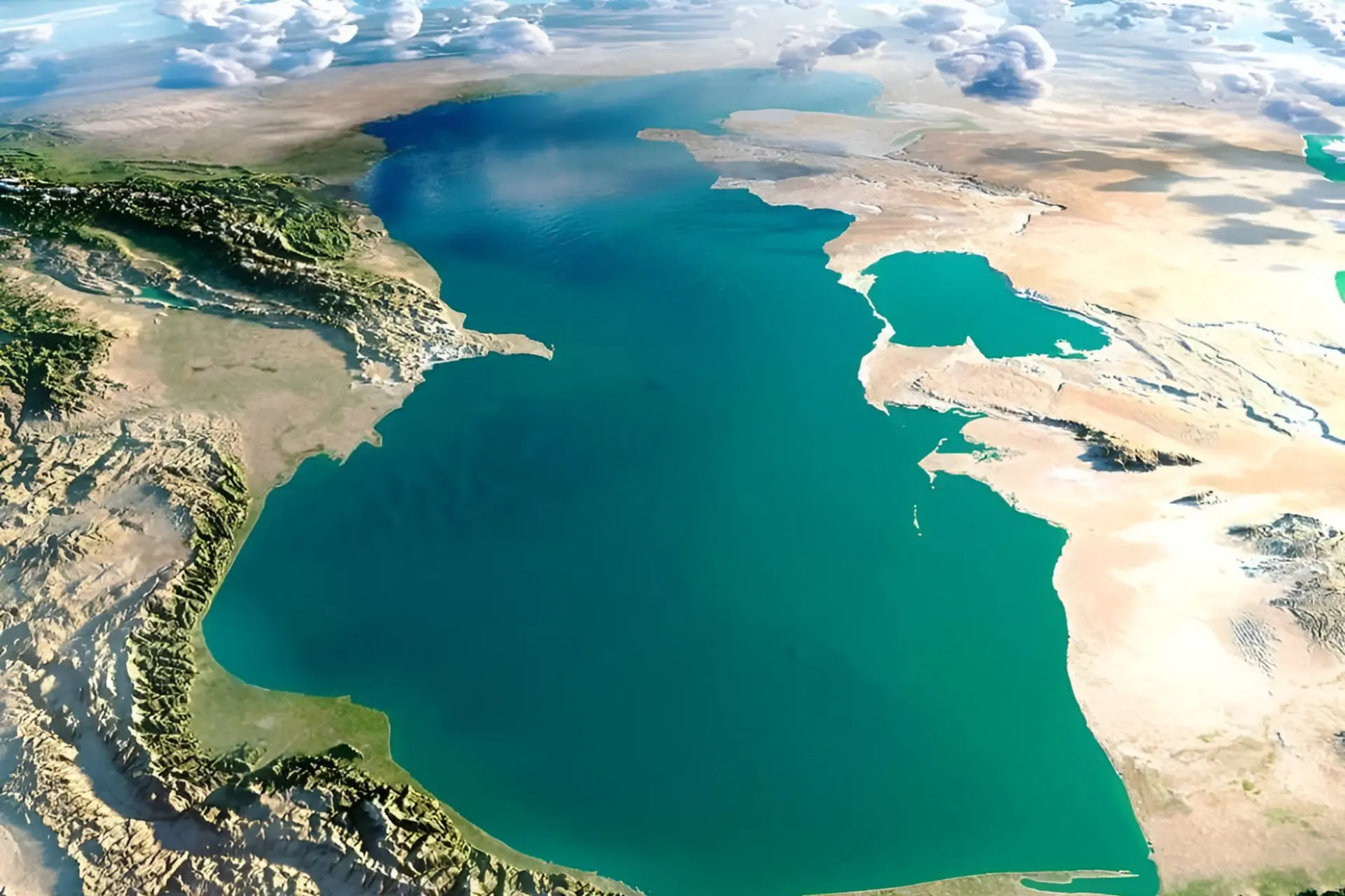 دریای خزر از نمای بالا با سواحل کوهستانی و بیابانی