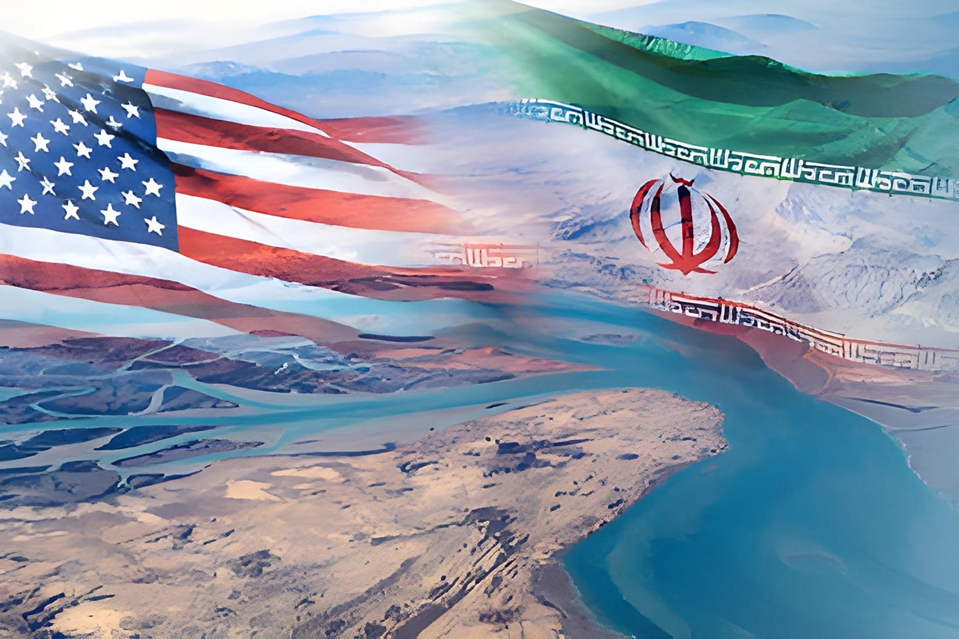پرچم‌های ایالات متحده و ایران بر فراز تنگه هرمز