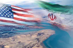 پرچم‌های ایالات متحده و ایران بر فراز تنگه هرمز