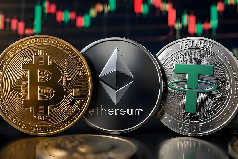 سکه‌های بیت‌کوین (Bitcoin)، اتریوم (Ethereum) و تتر (Tether) روی یک سطح براق
