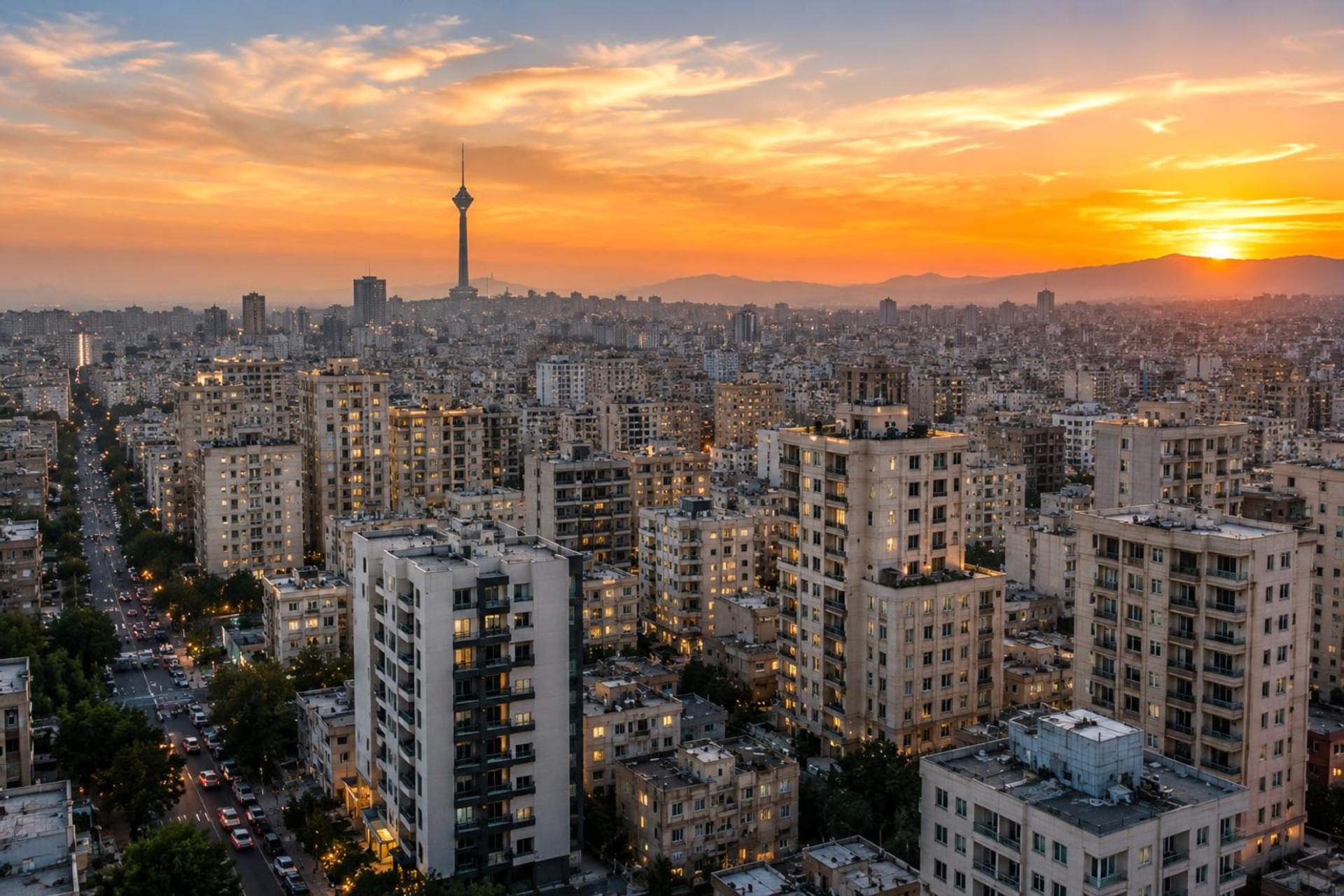 نمای افقی از ساختمان‌های تهران و برج میلاد (Milad Tower) در زمان غروب