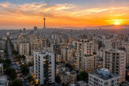 نمای افقی از ساختمان‌های تهران و برج میلاد (Milad Tower) در زمان غروب