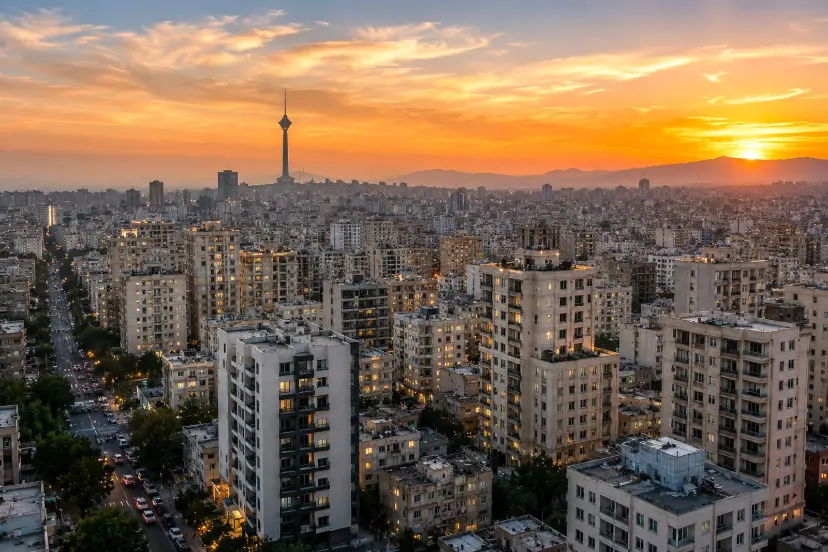 نمای افقی از ساختمان‌های تهران و برج میلاد (Milad Tower) در زمان غروب