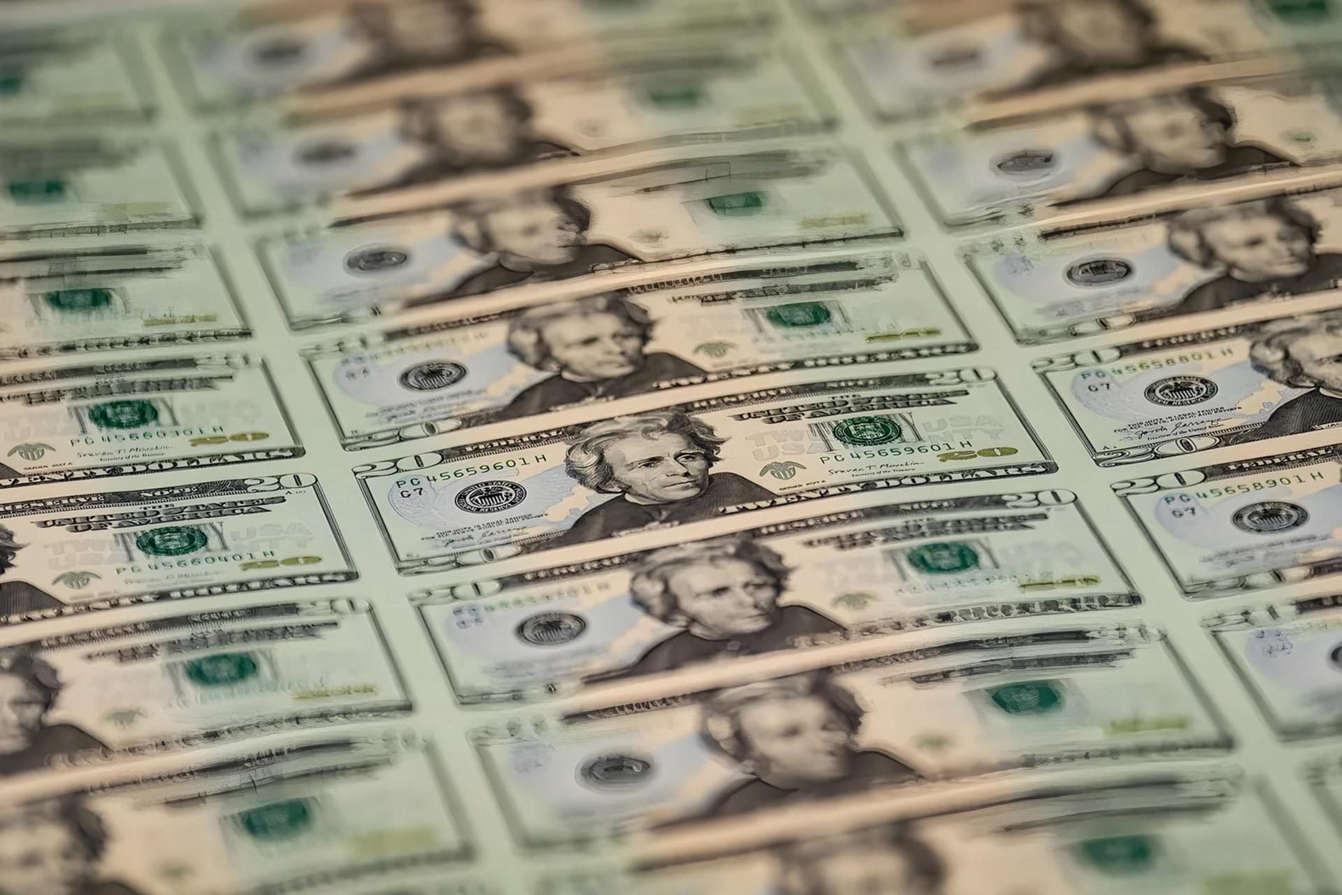 اسکناس‌های ۲۰ دلاری آمریکا (US Dollar) چیده شده در کنار اوراق قرضه