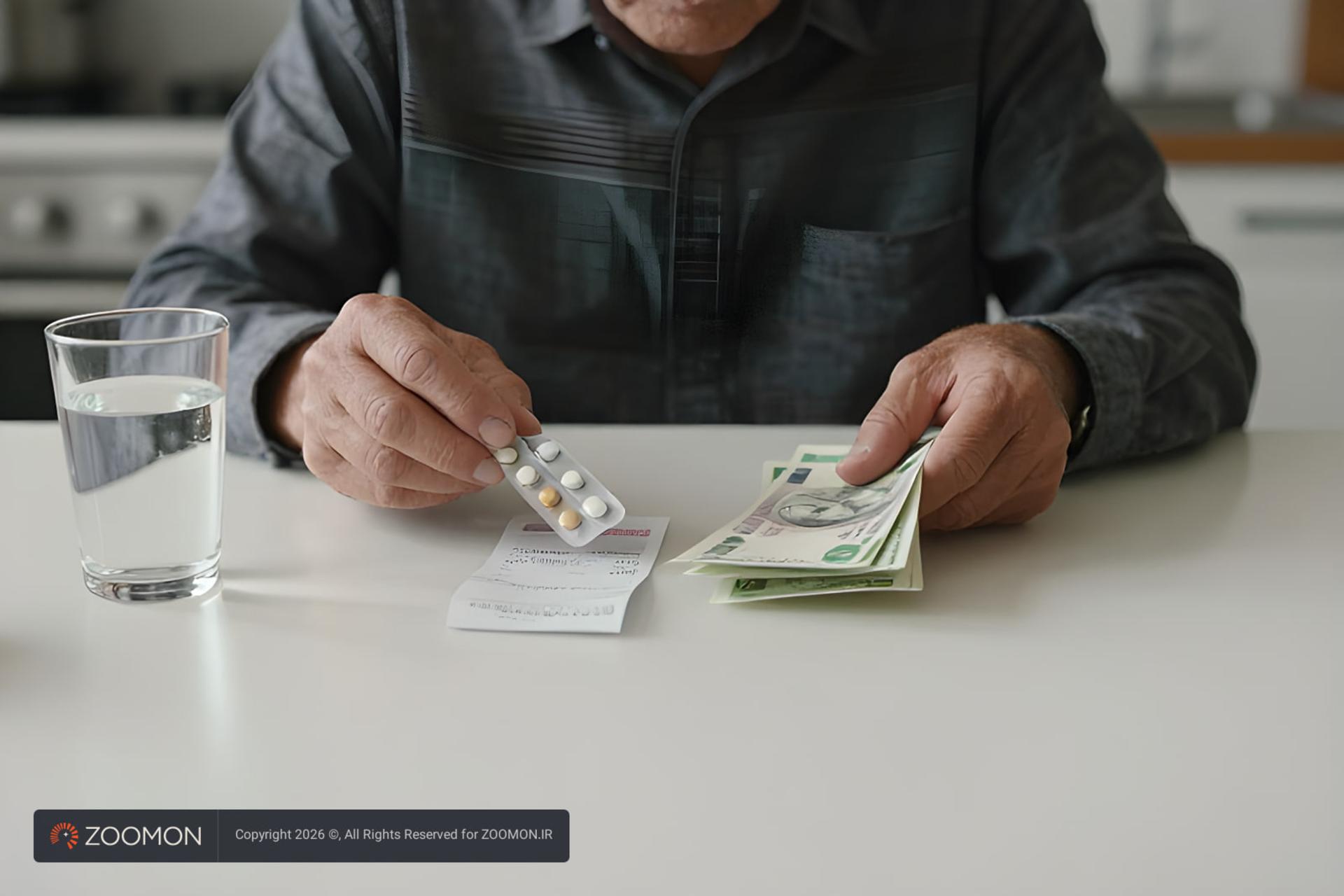 قرص‌های آلزامیر (Alzheimer) در کنار دسته‌ای پول و یک لیوان آب