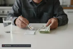 قرص‌های آلزامیر (Alzheimer) در کنار دسته‌ای پول و یک لیوان آب