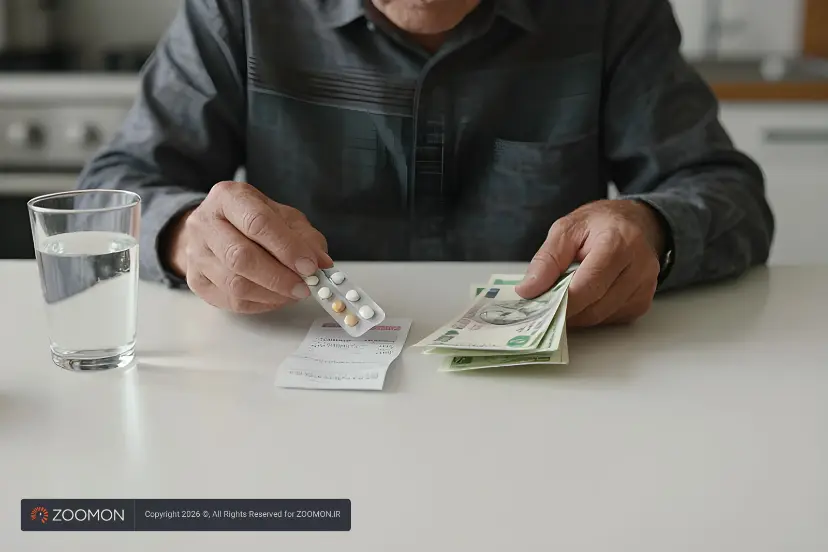 قرص‌های آلزامیر (Alzheimer) در کنار دسته‌ای پول و یک لیوان آب