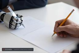 دست رباتیک و دست انسان در حال نوشتن روی کاغذ