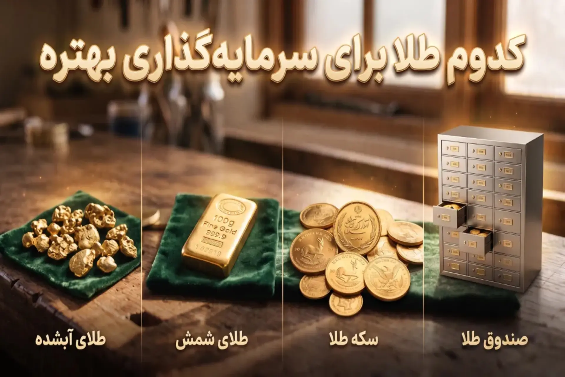 انواع طلا شامل طلای آب‌شده، شمش، سکه و صندوق طلا روی میز