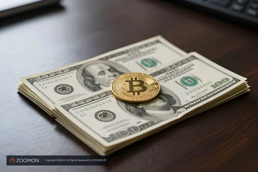 سکه طلایی بیت کوین (Bitcoin) روی دسته‌ای اسکناس صد دلاری آمریکا