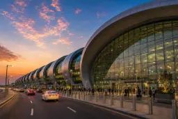 ساختمان مدرن فرودگاه بین‌المللی دبی (Dubai International Airport) با نمای شیشه‌ای بزرگ