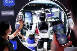 ربات انسان‌نمای هوشمند (Humanoid Robot) در حال تعامل با بازدیدکنندگان در نمایشگاه فناوری