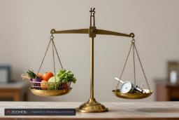 ترازو قدیمی با سبد سبزیجات در یک کفه و ابزار اندازه‌گیری در کفه دیگر
