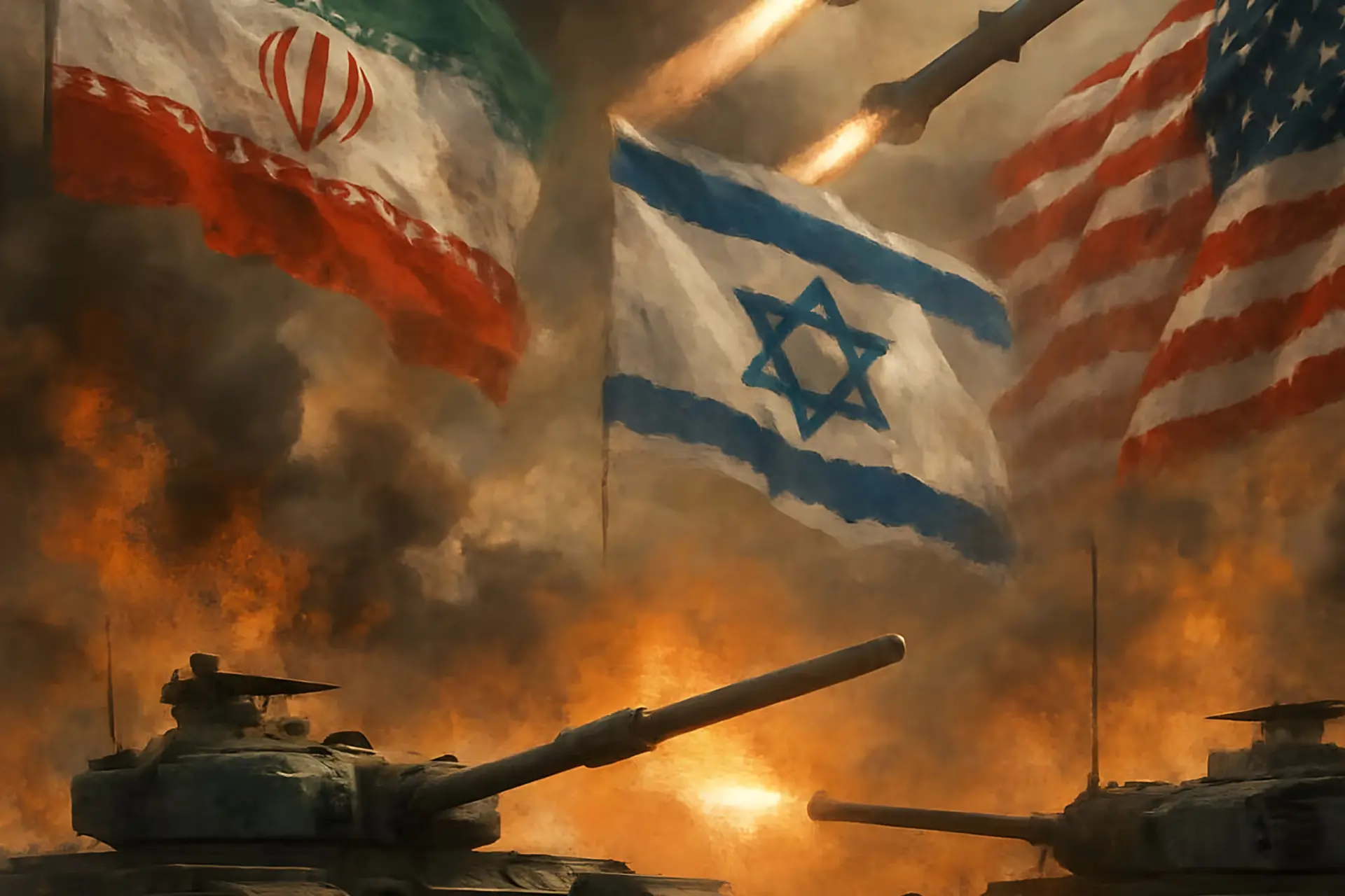 پرچم‌های ایران، اسرائیل (Israel) و آمریکا در آتش جنگ