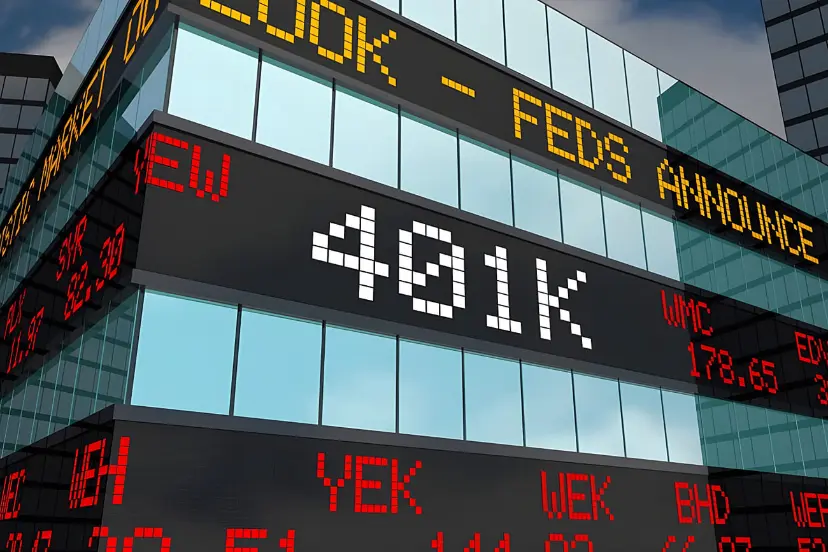 نمایش عدد 401K و نمادهای ارز در تابلوی دیجیتال یک ساختمان تجاری