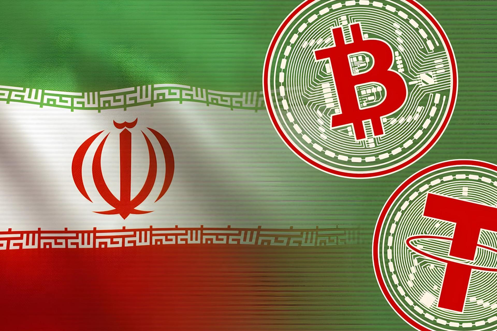 پرچم ایران در کنار سکه‌های دیجیتال بیت‌کوین (Bitcoin) و تتر (Tether)