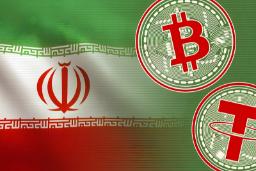 پرچم ایران در کنار سکه‌های دیجیتال بیت‌کوین (Bitcoin) و تتر (Tether)