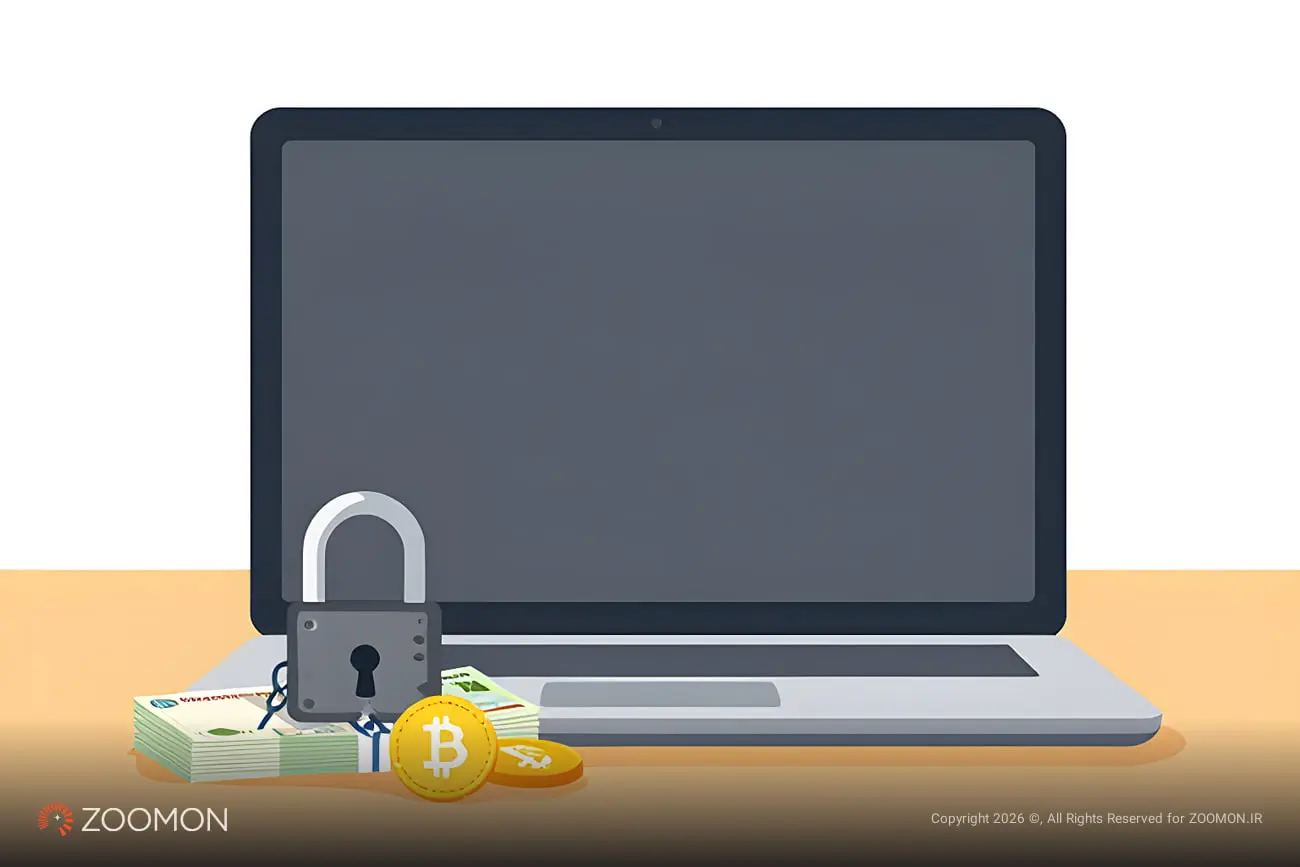 قفل امنیتی روی لپ‌تاپ در کنار اسکناس و بیت‌کوین (Bitcoin)