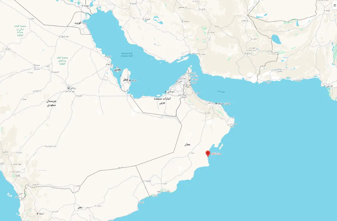 نقشه خلیج فارس و موقعیت استراتژیک بندر دقم (Duqm) در عمان