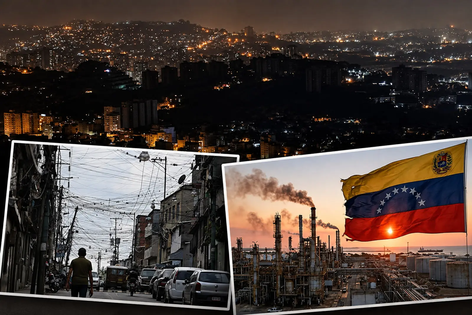 پرچم ونزوئلا (Venezuela) در کنار تاسیسات نفتی و کوچه‌های پر از سیم‌های برق