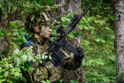 سرباز استونی (Estonia) با تجهیزات کامل و سلاح در میان پوشش گیاهی جنگل
