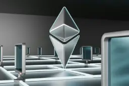 نماد اتریوم (Ethereum) بزرگ و درخشان روی شبکه‌ای از نمایشگرهای دیجیتال