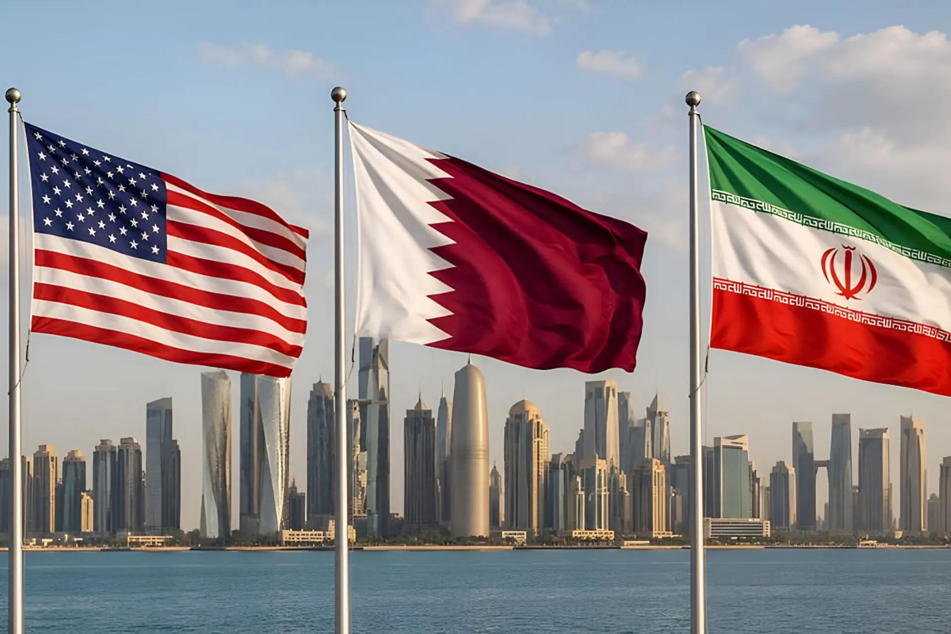 پرچم‌های ایالات متحده (USA)، قطر و ایران در مقابل خط افق شهر دوحه