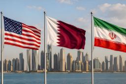 پرچم‌های ایالات متحده (USA)، قطر و ایران در مقابل خط افق شهر دوحه