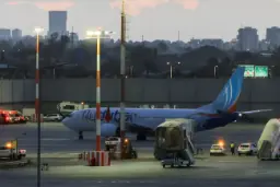 هواپیمای فلای‌دبی (flydubai) در باند فرودگاه در زمان غروب
