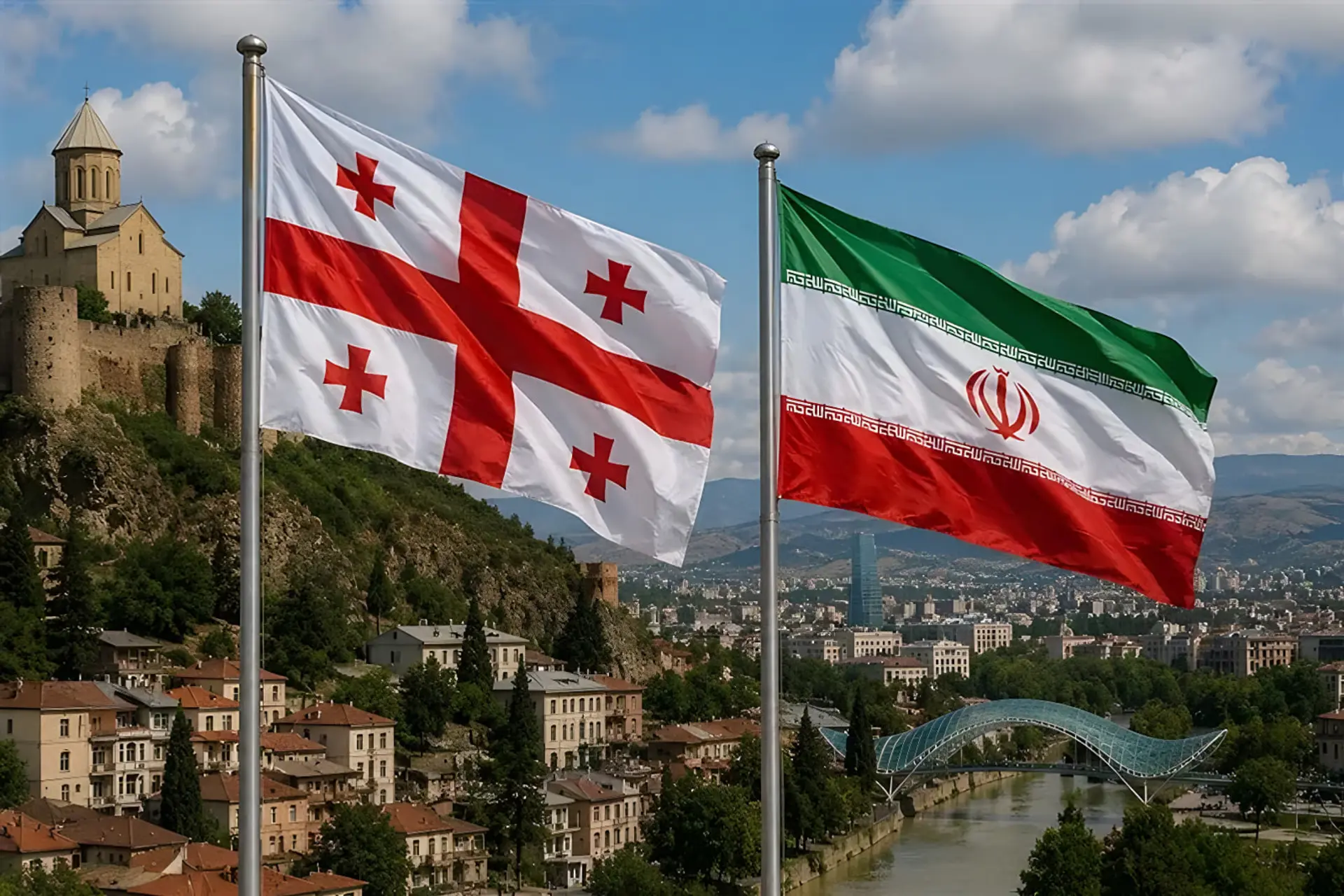 پرچم گرجستان (Georgia) و پرچم ایران در مقابل نمای شهر تفلیس