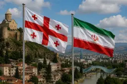 پرچم گرجستان (Georgia) و پرچم ایران در مقابل نمای شهر تفلیس