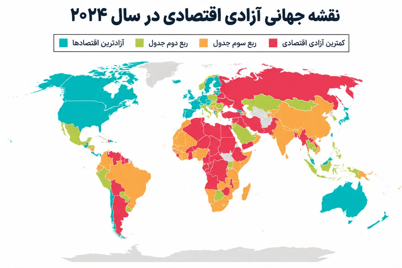 نقشه جهان با رنگ‌بندی مختلف بر اساس شاخص آزادی اقتصادی در سال ۲۰۲۴