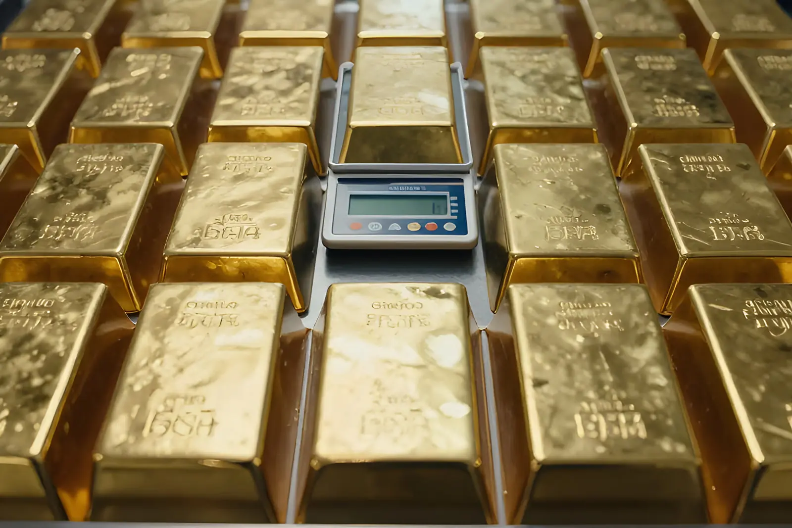 شمش‌های طلا (Gold Bars) چیده شده در کنار یک ترازوی دیجیتال