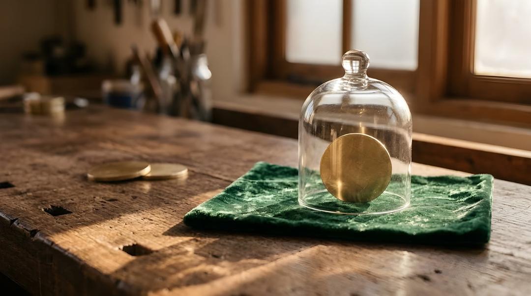 سکه طلای بدون نقش درون یک گنبد شیشه‌ای روی پارچه سبز